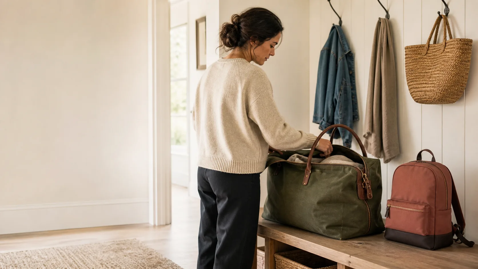 A woman packing a folded blanket into an olive waxed-canvas Tomei Weekender 28 on a wooden hallway bench, a clay canvas backpack beside it and coats on hooks behind.